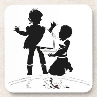 silhouette of girl and boy and model boat beverage coaster