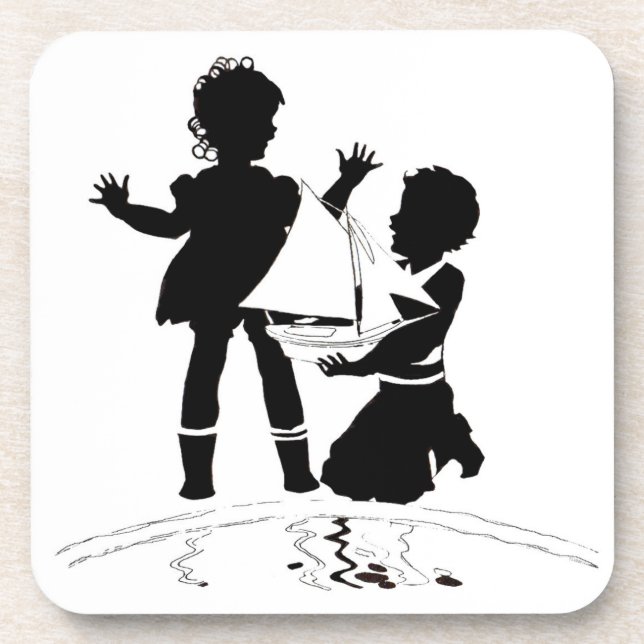 silhouette of girl and boy and model boat beverage coaster (Front)