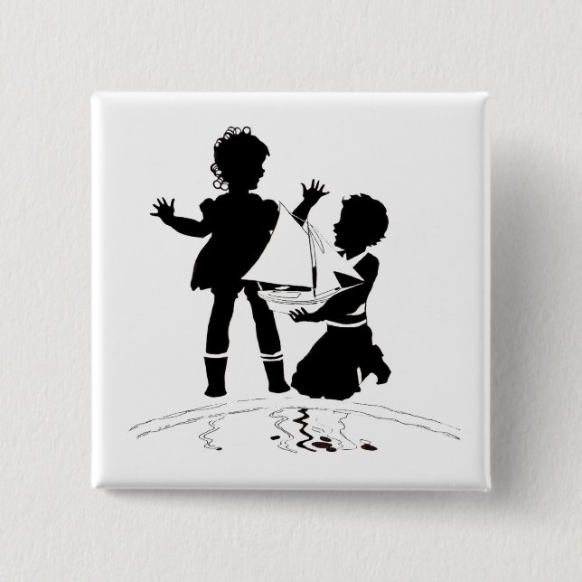 silhouette of girl and boy and model boat button (Front)