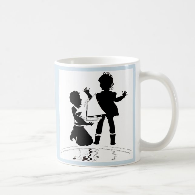 silhouette of girl and boy and model boat coffee mug (Right)