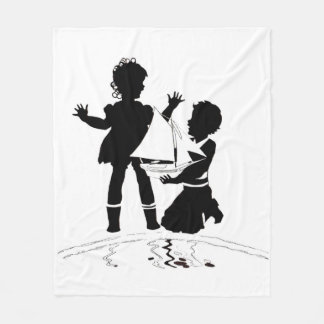 silhouette of girl and boy and model boat fleece blanket