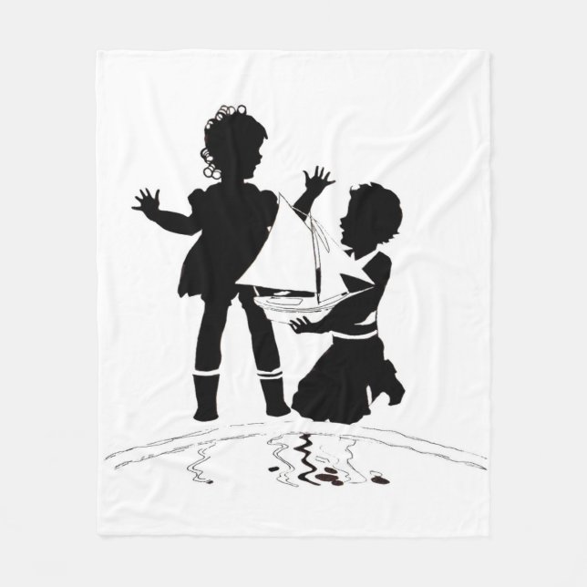 silhouette of girl and boy and model boat fleece blanket (Front)