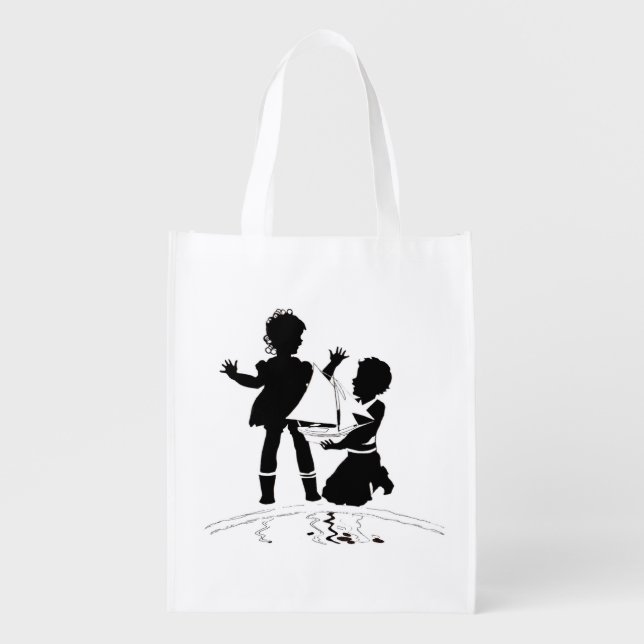 silhouette of girl and boy and model boat grocery bag (Front)