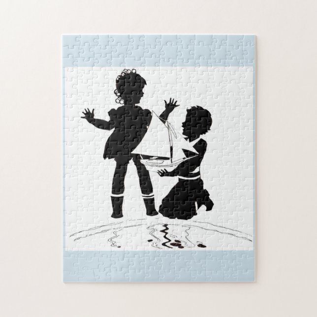 silhouette of girl and boy and model boat jigsaw puzzle (Vertical)