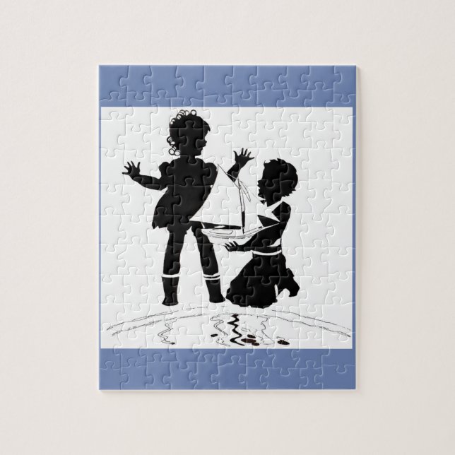 silhouette of girl and boy and model boat jigsaw puzzle (Vertical)