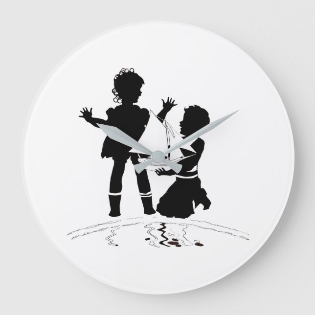 silhouette of girl and boy and model boat large clock (Front)