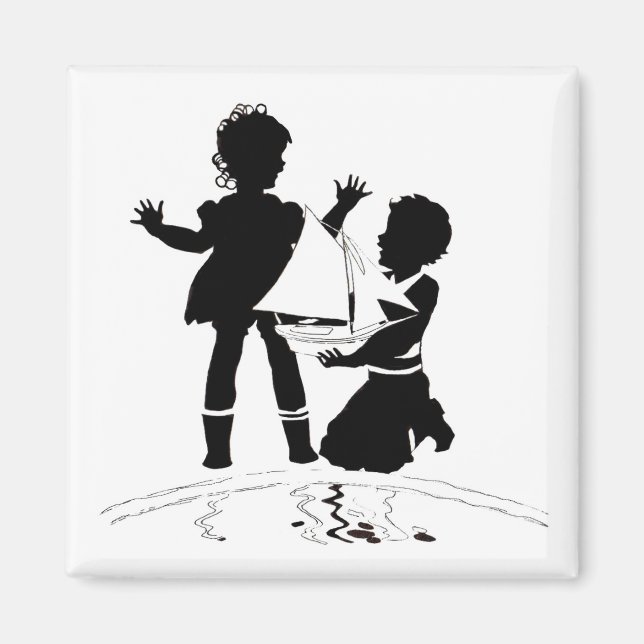 silhouette of girl and boy and model boat magnet (Front)
