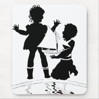 silhouette of girl and boy and model boat mouse pad