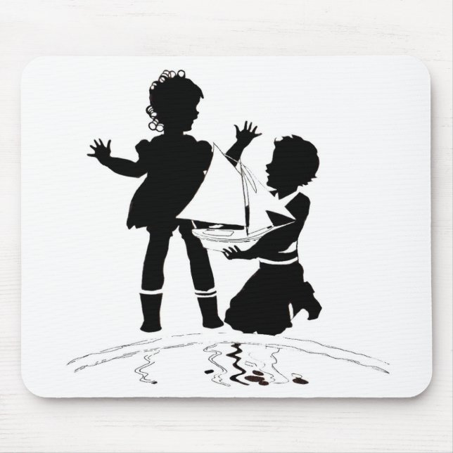 silhouette of girl and boy and model boat mouse pad (Front)