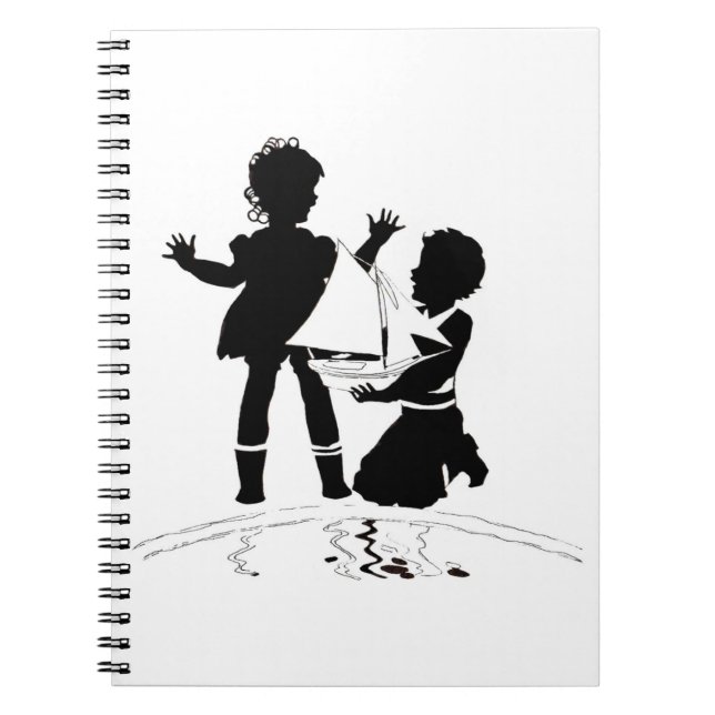 silhouette of girl and boy and model boat notebook (Front)