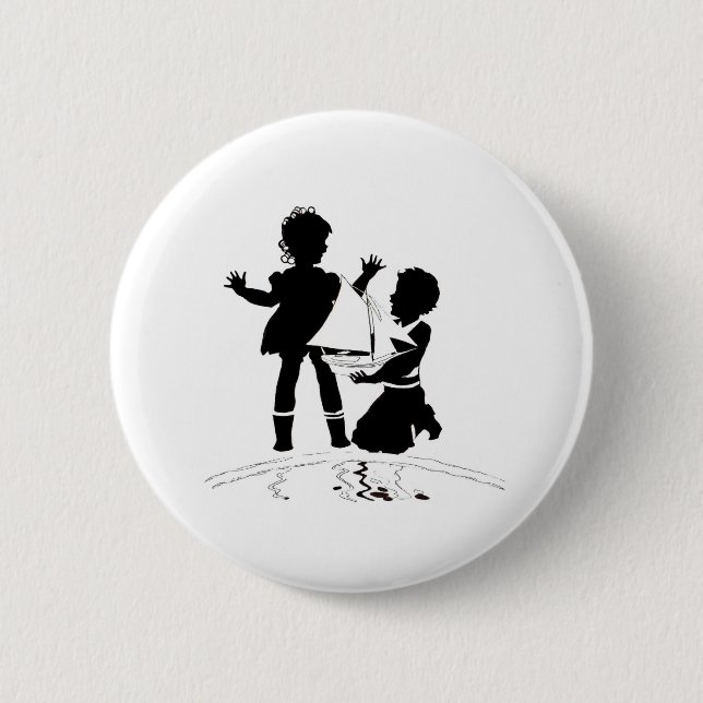 silhouette of girl and boy and model boat pinback button (Front)