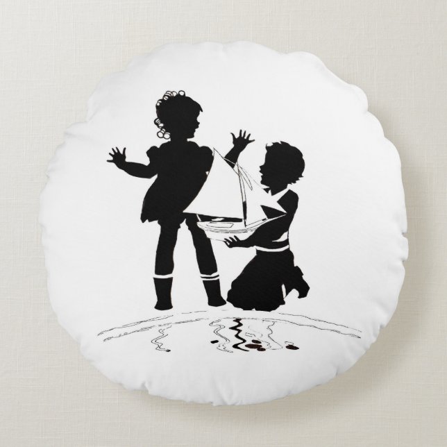 silhouette of girl and boy and model boat round pillow (Front)