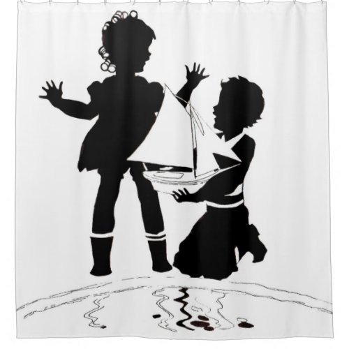 silhouette of girl and boy and model boat shower curtain