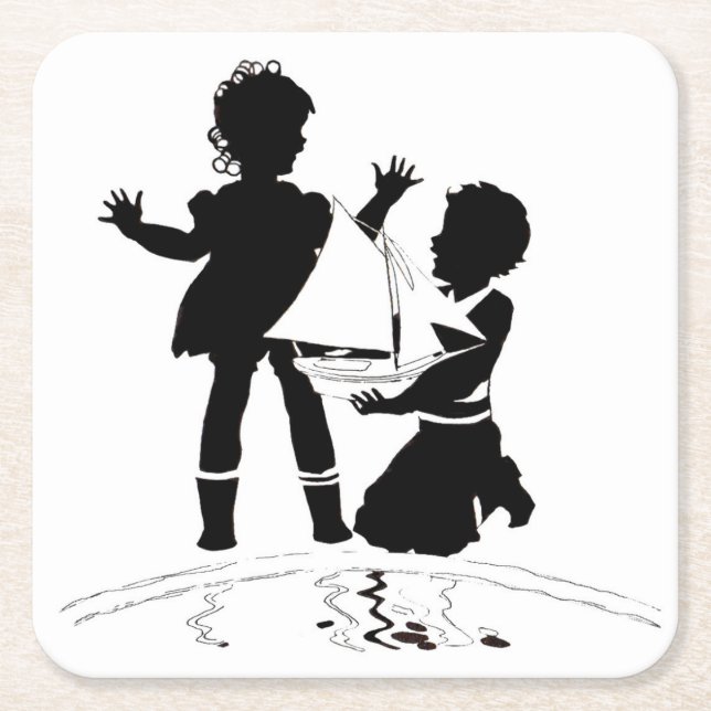silhouette of girl and boy and model boat square paper coaster (Front)