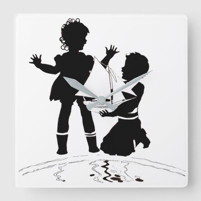 silhouette of girl and boy and model boat square wall clock (Front)