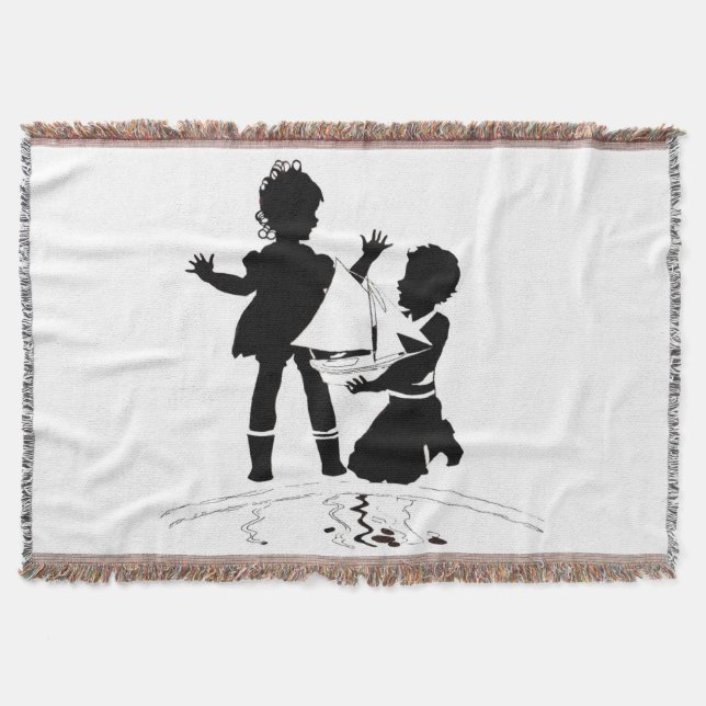 silhouette of girl and boy and model boat throw blanket (Front)