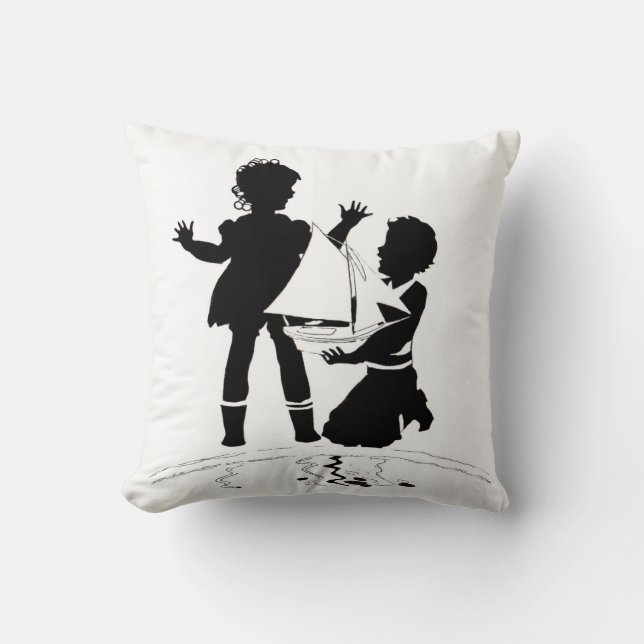 silhouette of girl and boy and model boat throw pillow (Front)