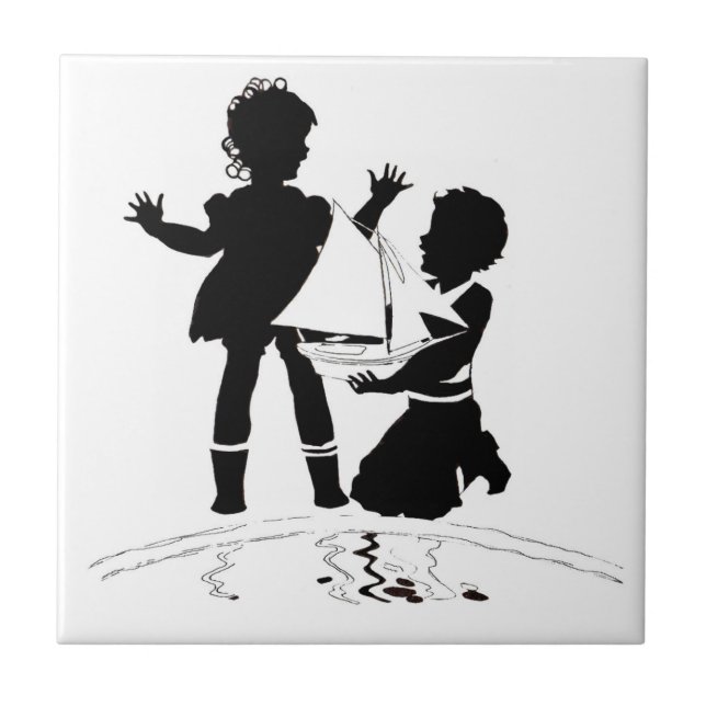 silhouette of girl and boy and model boat tile (Front)