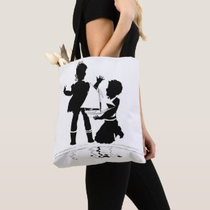 silhouette of girl and boy and model boat tote bag