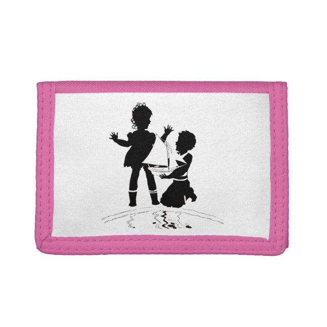 silhouette of girl and boy and model boat tri-fold wallet (Front)