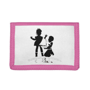 silhouette of girl and boy and model boat trifold wallet