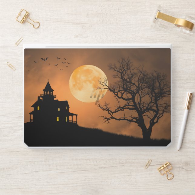 Silhouette of Haunted House Orange Moonlite HP Laptop Skin (Desk)