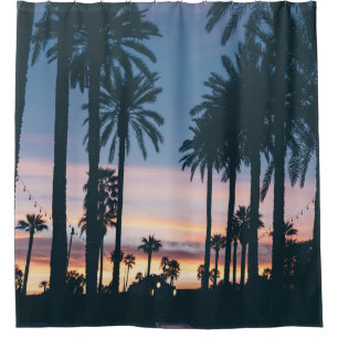 Silhouette of houses beside palm trees and pathway shower curtain