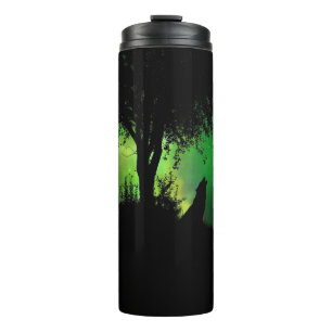 Silhouette of Howling Wolf Under Tree  Thermal Tumbler