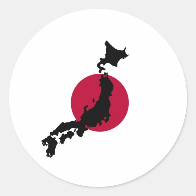 Silhouette of Japan over Rising Sun National Flag Classic Round Sticker (Front)
