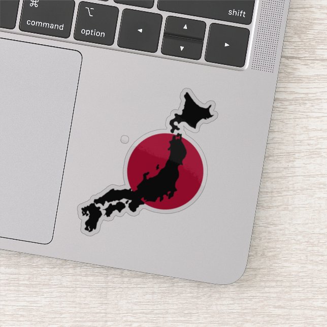 Silhouette of Japan over Rising Sun National Flag  Sticker (Detail)