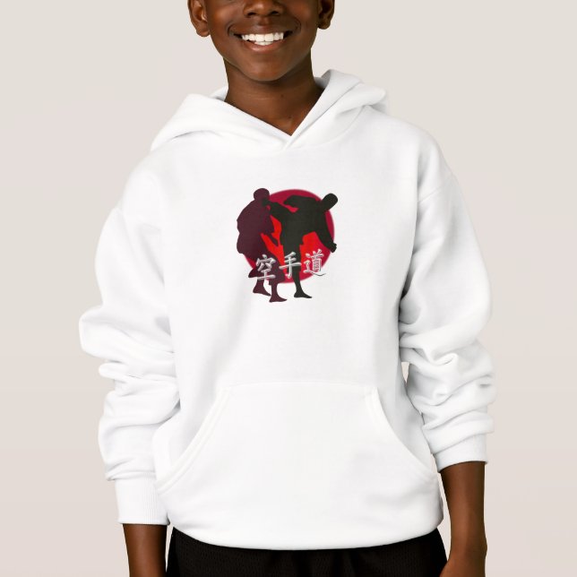 Silhouette of Karate fight, red circle background. Hoodie (Front)