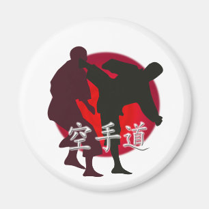 Silhouette of Karate fight, red circle background. Magnet