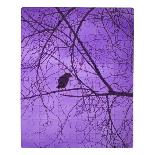 Silhouette of Lone Black Crow in Trees Purple Sky Jigsaw Puzzle