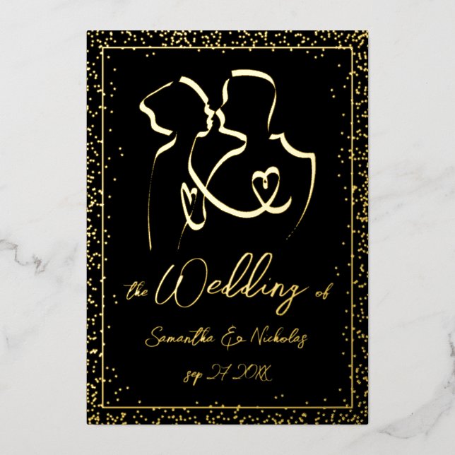 Silhouette of Lovers in Black and Gold Wedding Foil Invitation (Front)
