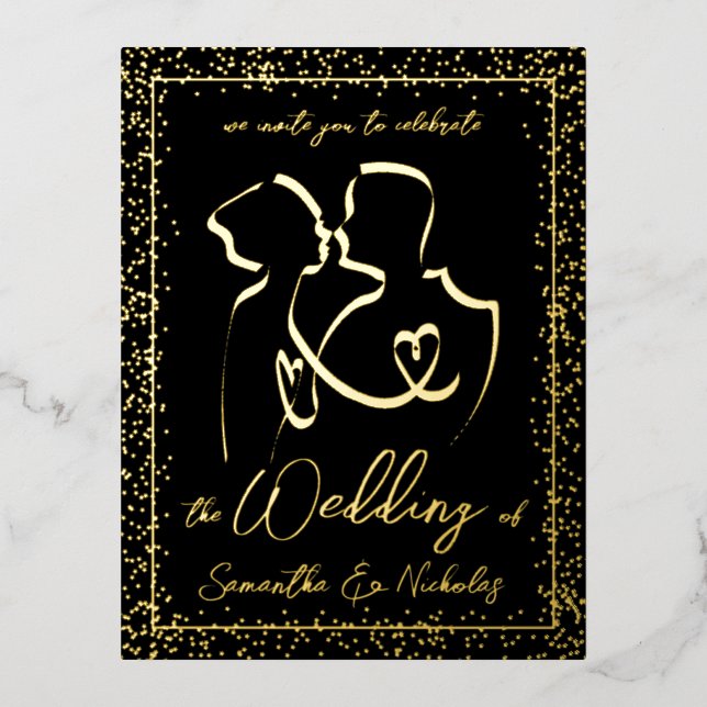 Silhouette of Lovers in Black & Gold Wedding  Foil Invitation Postcard (Front)