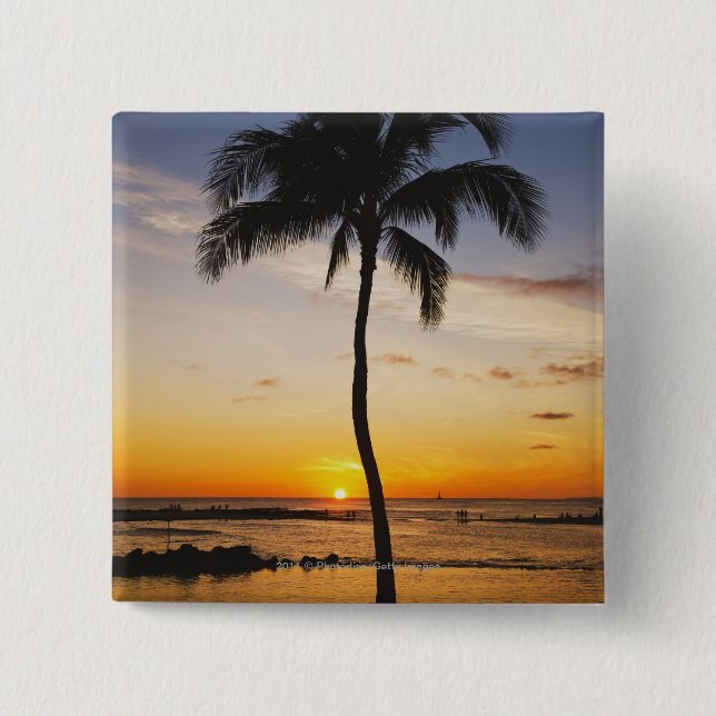 Silhouette of one Palm Tree by a Red Orange Sunset Button (Front)