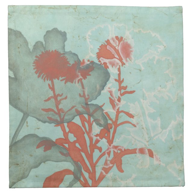 Silhouette of Red Flowers on Teal Background Cloth Napkin (Front)
