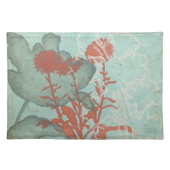 Silhouette of Red Flowers on Teal Background Cloth Placemat (Front)