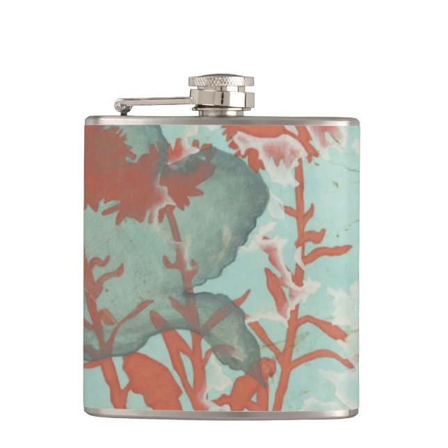 Silhouette of Red Flowers on Teal Background Flask (Front)