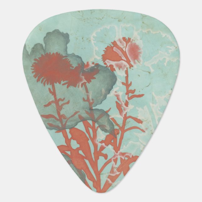 Silhouette of Red Flowers on Teal Background Guitar Pick (Front)