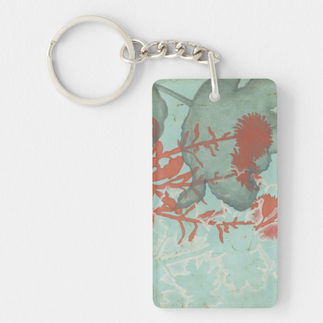 Silhouette of Red Flowers on Teal Background Keychain (Front)