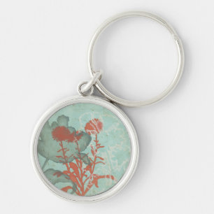 Silhouette of Red Flowers on Teal Background Keychain