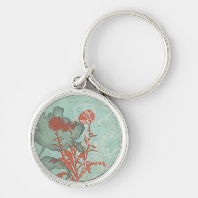 Silhouette of Red Flowers on Teal Background Keychain (Front)