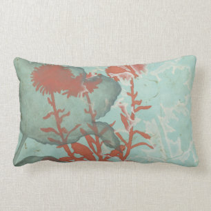Silhouette of Red Flowers on Teal Background Lumbar Pillow