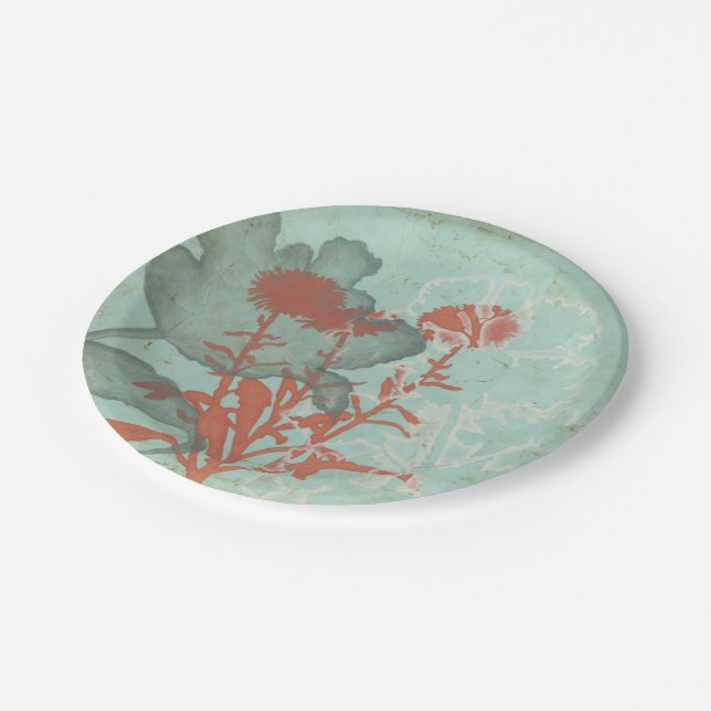 Silhouette of Red Flowers on Teal Background Paper Plates (Angled)