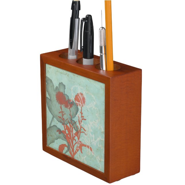 Silhouette of Red Flowers on Teal Background Pencil Holder (In Situ)