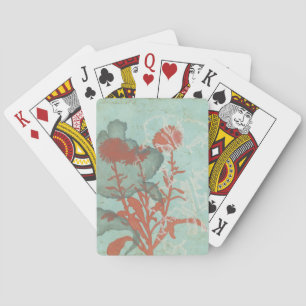 Silhouette of Red Flowers on Teal Background Poker Cards