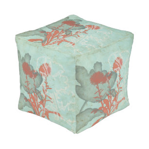 Silhouette of Red Flowers on Teal Background Pouf