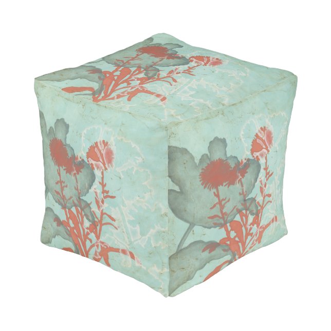 Silhouette of Red Flowers on Teal Background Pouf (Angled Front)