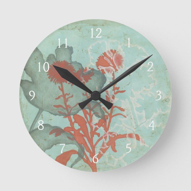 Silhouette of Red Flowers on Teal Background Round Clock (Front)